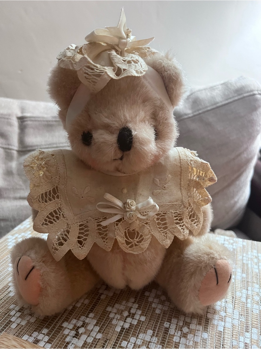 Plush Decorative Teddy Bear in Cream with Vintage Lace Collar